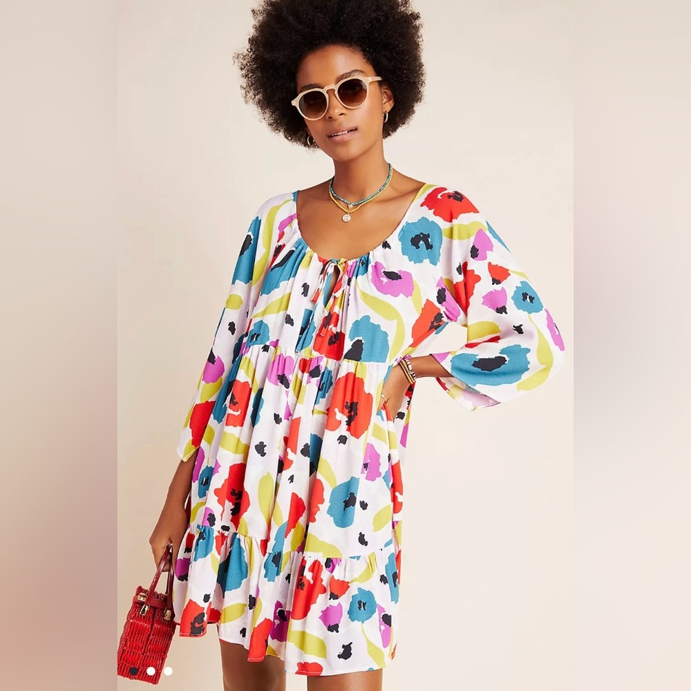 Anthropologie Olivia‎ Floral Print Tiered Swing Cover-Up Tunic Dress Size Medium